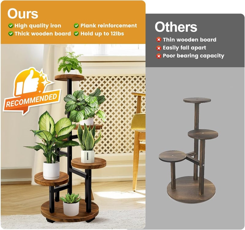 GEEBOBO 5 Tier Plant Stand With 4 Wheels, Metal Wood Tall Plant Stands For Indoor Plants Multiple, Corner Tiered Flower Plants Shelf Stand for Living Room Bedroom, Brown - Image 5